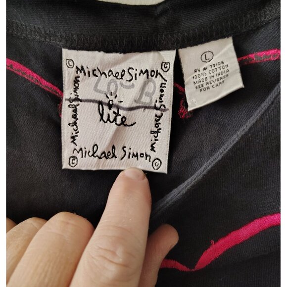 Michael Simon Black Dress Large, Embroidered Flower, Cotton 3/4 Sleeve Pink Trim - Picture 3 of 4